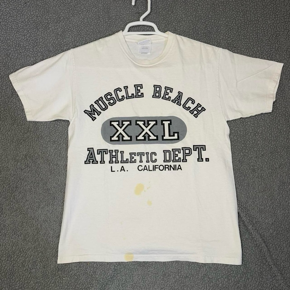 Vintage 90s Muscle Beach T-Shirt Medium White Athletic Department California Gym